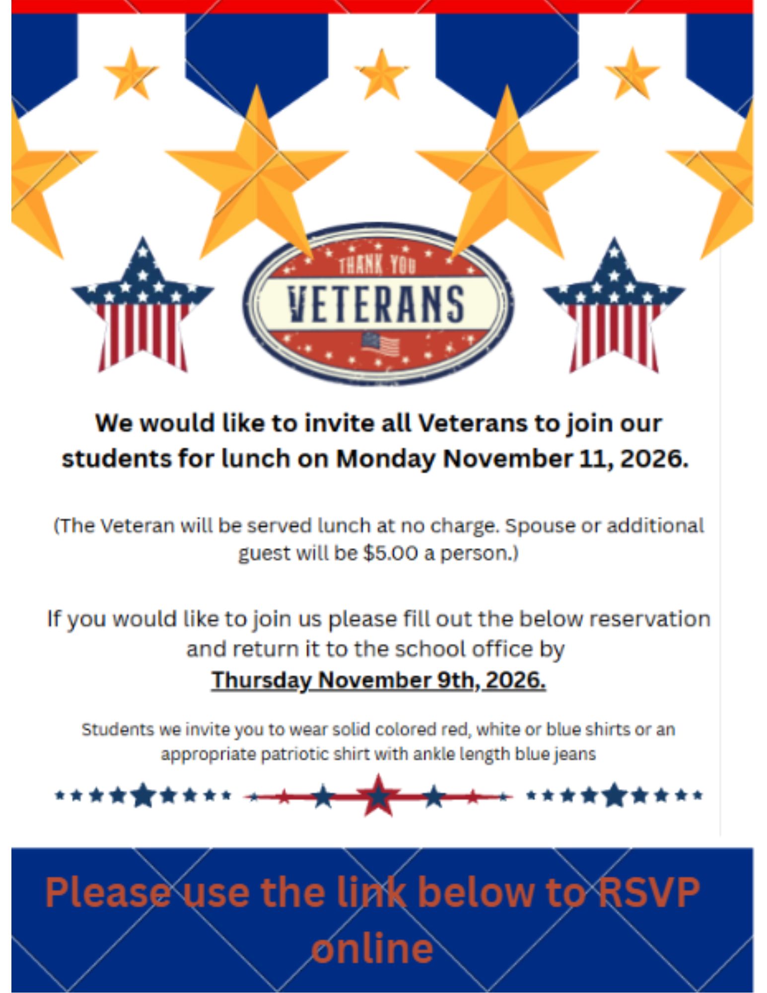 Veteran's Day Lunch RSVP Nov. 11th, 2026